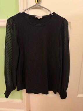Loft black sweater with sheer Swiss dot sleeves